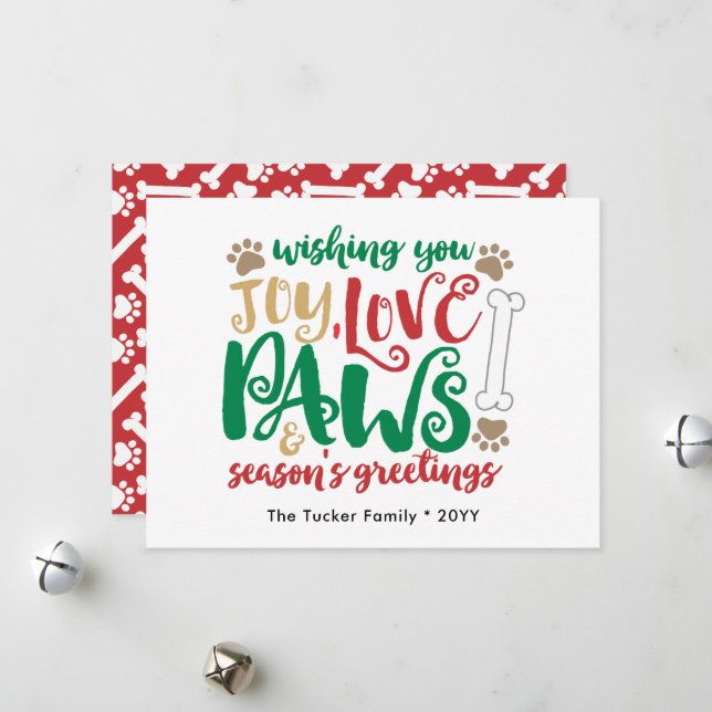 Tarjeta Festiva Joy Love Paws Dog Season Saludos Red & Green (Anverso/Reverso In Situ)
