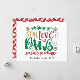 Tarjeta Festiva Joy Love Paws Dog Season Saludos Red & Green
