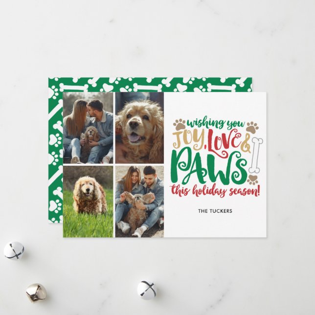 Tarjeta Festiva Joy Love Paws Happy Holidays Dog Green 4-Photo (Anverso/Reverso In Situ)