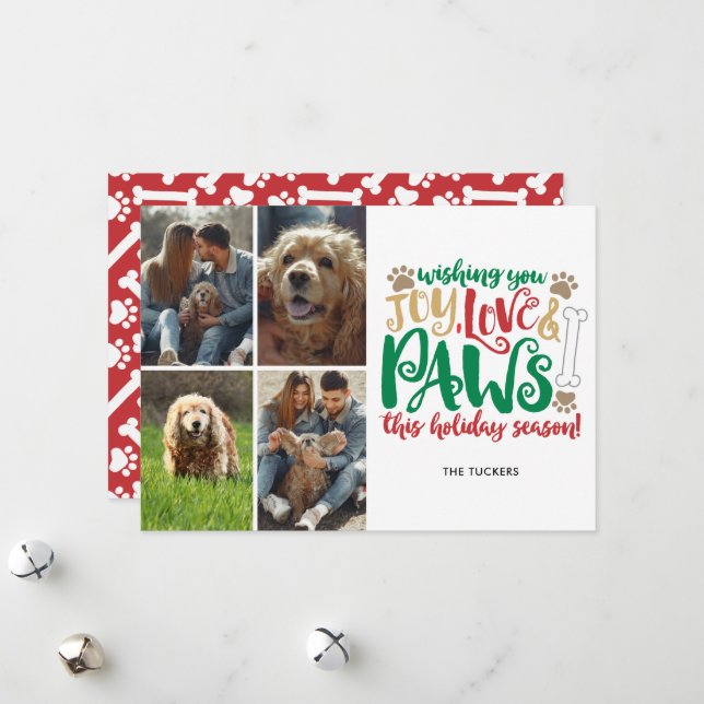 Tarjeta Festiva Joy Love Paws Happy Holidays Dog Red 4-Photo (Anverso/Reverso In Situ)