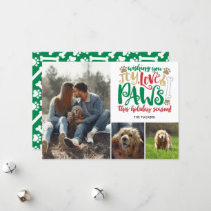 Tarjeta Festiva Joy Love Paws Happy Holidays Dog Red Green 3-Photo