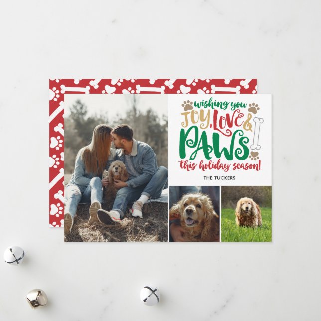 Tarjeta Festiva Joy Love Paws Happy Holidays Dog Red Green 3-Photo (Anverso/Reverso In Situ)