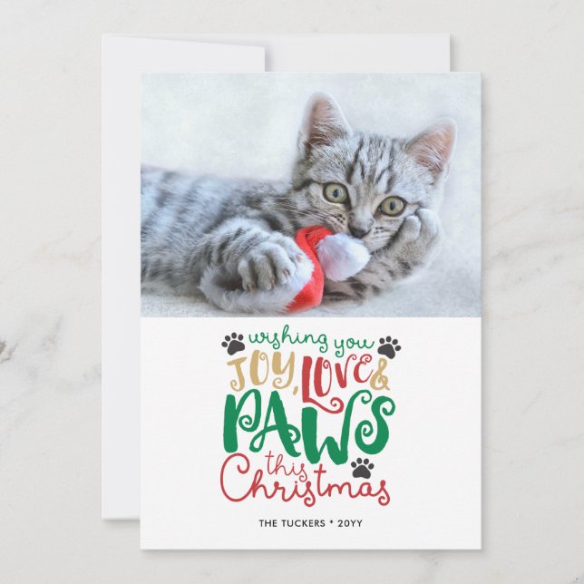 Tarjeta Festiva Joy Love Paws Mascota Cat Navidades Foto (Anverso)