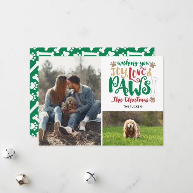 Tarjeta Festiva Joy Love Paws Navidades Red Green 2-Photo Dog (Anverso/Reverso In Situ)