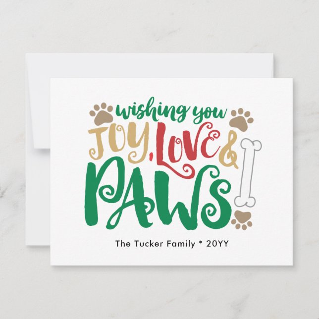 Tarjeta Festiva Joy Love Paws Peace Dog Paw Impresiones Red & Gree (Anverso)