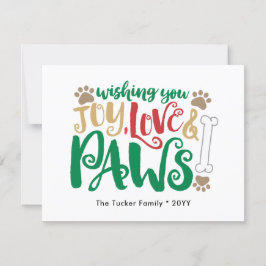 Tarjeta Festiva Joy Love Paws Peace Dog Paw Impresiones Red & Gree