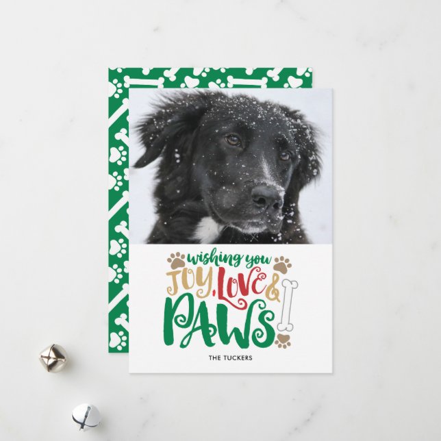 Tarjeta Festiva Joy Love Paws Peace Dog Photo Red Green (Anverso/Reverso In Situ)