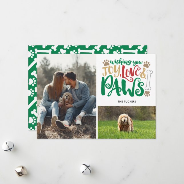Tarjeta Festiva Joy Love Paws Peace Dog Red Green 2-Photo (Anverso/Reverso In Situ)