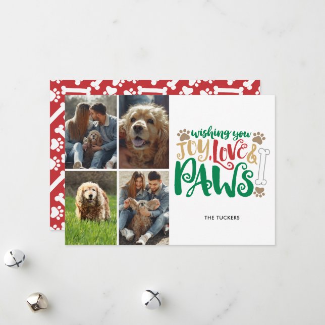 Tarjeta Festiva Joy Love Paws Peace Photo Red 4-Photo (Anverso/Reverso In Situ)