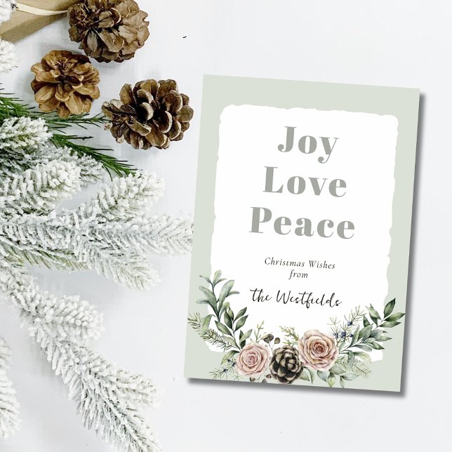 Tarjeta Festiva Joy Love Peace Christmas Roses Pine Cone (Joy Love Peace Christmas Roses Pine Cone Holiday Card)