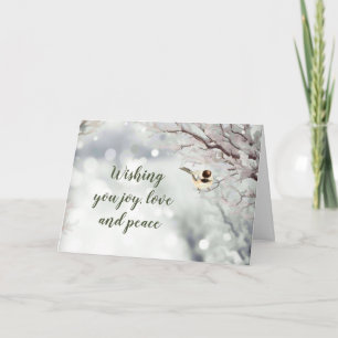 Tarjeta Festiva JOY LOVE PEACE Forest Snowflakes Chickadee Bird