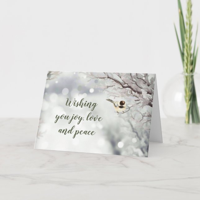 Tarjeta Festiva JOY LOVE PEACE Forest Snowflakes Chickadee Bird (Anverso)