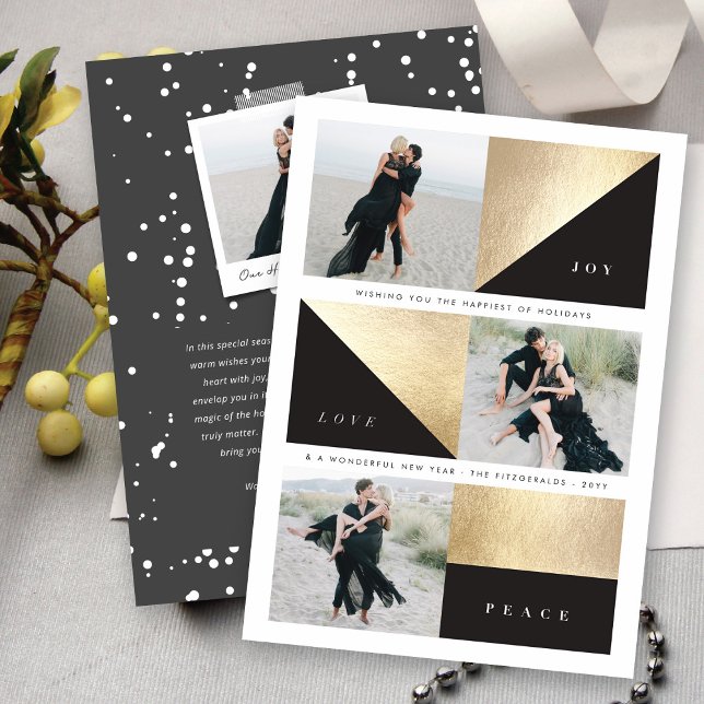 Tarjeta Festiva Joy Love Peace Moda Gold Blocks Holiday Photo Card (Subido por el creador)