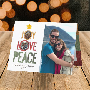 Tarjeta Festiva Joy Love Peace Rustic 3-Photo Christmas Tree