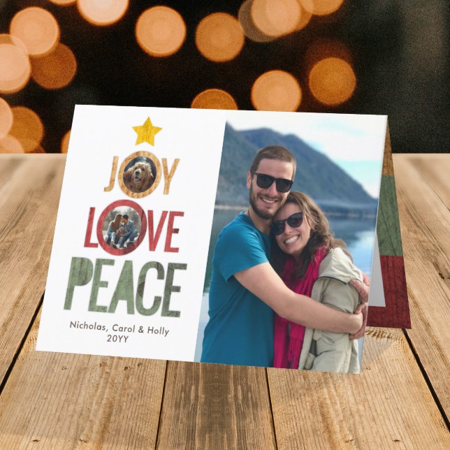 Tarjeta Festiva Joy Love Peace Rustic 3-Photo Christmas Tree (Subido por el creador)