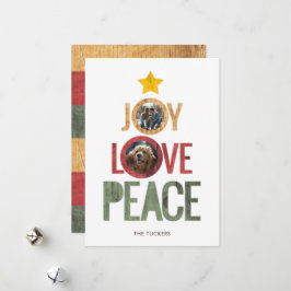 Tarjeta Festiva Joy Love Peace Rustic Photo Christmas Tree