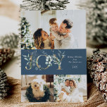 Tarjeta Festiva JOY Modern 3 Photo Gold Greenery Blue<br><div class="desc">Elegante tarjeta de vacaciones de 3 fotos con un aspecto limpio y moderno,  con gráficos dorados y verdes,  con un patrón dorado botánico de invierno.</div>