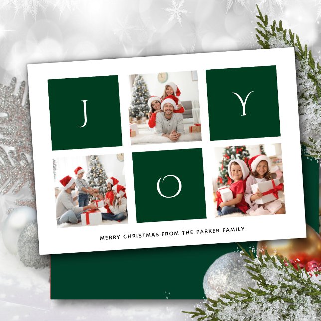 Tarjeta Festiva JOY Modern Green Fun Script Collage de fotos Simpl (Subido por el creador)