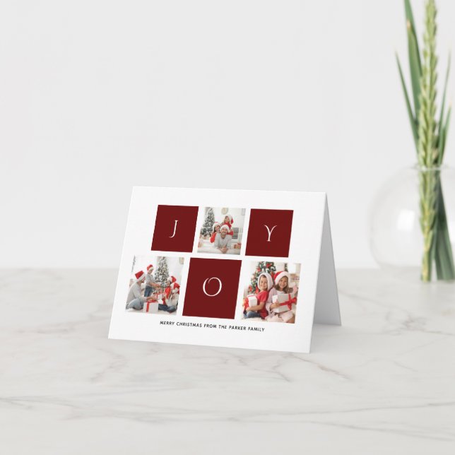 Tarjeta Festiva JOY Modern Red Fun Script Collage de fotos Minimal (Anverso)