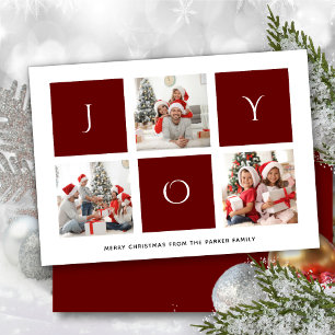 Tarjeta Festiva JOY Modern Red Fun Script Collage de fotos Minimal