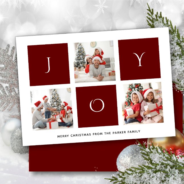 Tarjeta Festiva JOY Modern Red Fun Script Collage de fotos Minimal (Subido por el creador)