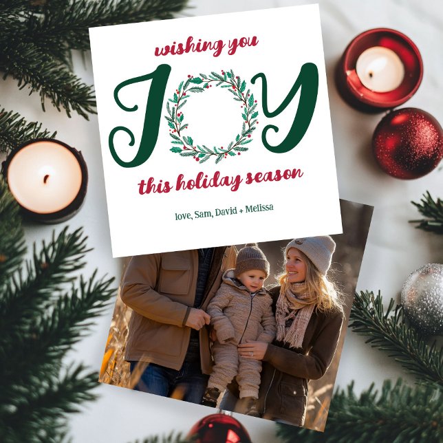 Tarjeta Festiva JOY Navidades escribieron una foto de un PERSONALI (JOY Christmas Wreath Hand-Drawn CUSTOM PHOTO Holiday Card
)