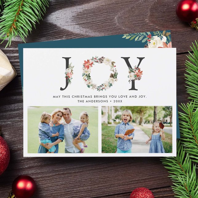 Tarjeta Festiva JOY Navidades Floral Wreath Collage de dos fotos (Subido por el creador)