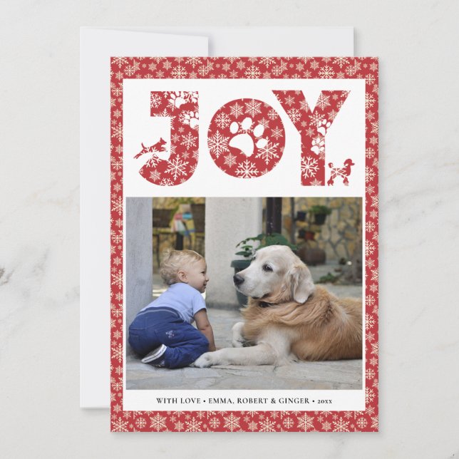 Tarjeta Festiva JOY Paws Gold | Amantes De Las Mascotas Con Copos  (Anverso)