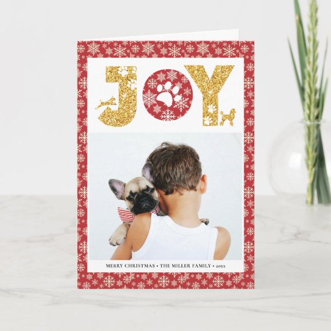 Tarjeta Festiva JOY Paws Gold | Amantes De Las Mascotas Con Copos  (Anverso)