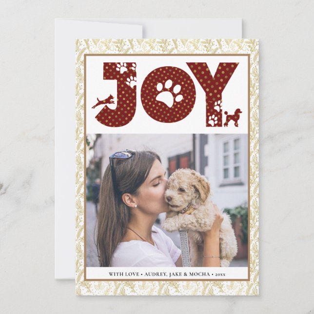 Tarjeta Festiva JOY Paws Gold | Amantes de las mascotas Pine Bough (Anverso)
