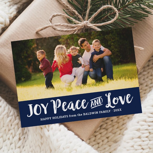 Tarjeta Festiva Joy Peace and Love Navy Blue Brushed Script Photo (Subido por el creador)