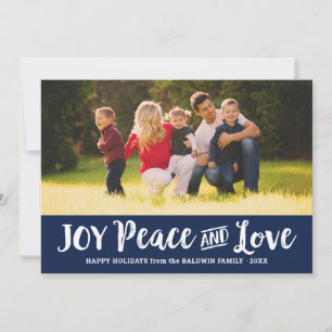 Tarjeta Festiva Joy Peace and Love Navy Blue Brushed Script Photo