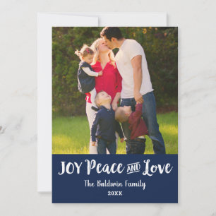 Tarjeta Festiva Joy Peace and Love Navy Blue Brushed Script Photo