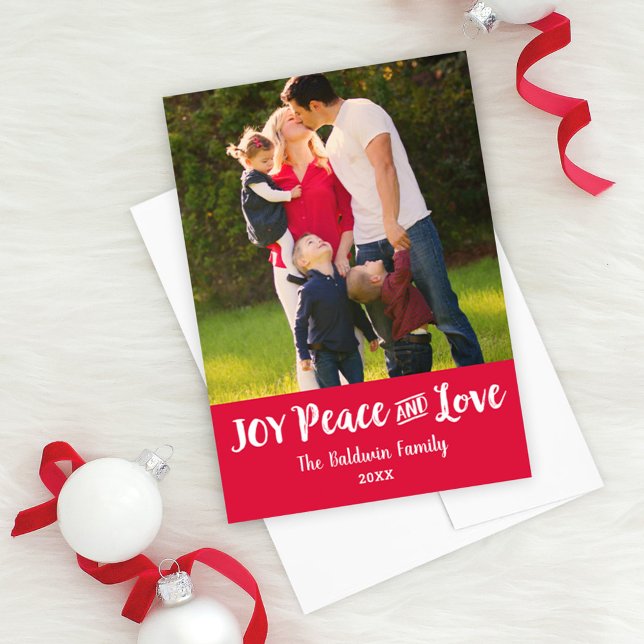Tarjeta Festiva Joy Peace and Love Red Brushed Script Photo (Subido por el creador)