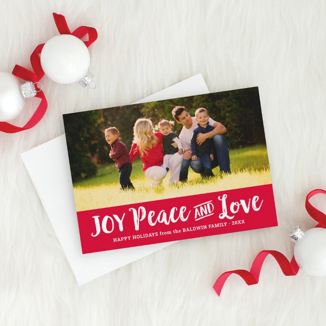 Tarjeta Festiva Joy Peace and Love Red Brushed Script Photo (Subido por el creador)