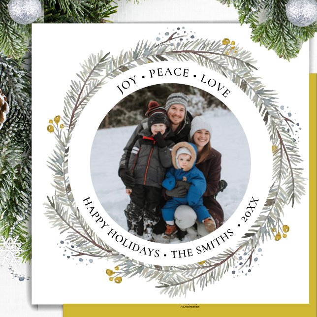 Tarjeta Festiva JOY PEACE LOVE Gold Berry Pine Bough Wreath Circle (Subido por el creador)