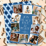 Tarjeta Festiva Joy Peace Love & Light Hanukkah 10 Instant Photo H<br><div class="desc">Alegría, Paz, Amor Y Luz Con Star Of David, 10 Tarjeta De Festividad De Collage de fotos Instantáneo Hanukkah. El saludo y el fondo pueden cambiarse a cualquier color que elija. Obra de arte diseñada / original por fat*fa*tin. Fácil de personalizar con tu propio mensaje de texto, nombre, año, foto...</div>