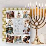 Tarjeta Festiva Joy Peace Love & Light Hanukkah 10 Instant Photo H<br><div class="desc">Alegría, Paz, Amor Y Luz Con Star Of David, 10 Tarjeta De Festividad De Collage de fotos Instantáneo Hanukkah. El saludo y el fondo pueden cambiarse a cualquier color que elija. Obra de arte diseñada / original por fat*fa*tin. Fácil de personalizar con tu propio mensaje de texto, nombre, año, foto...</div>