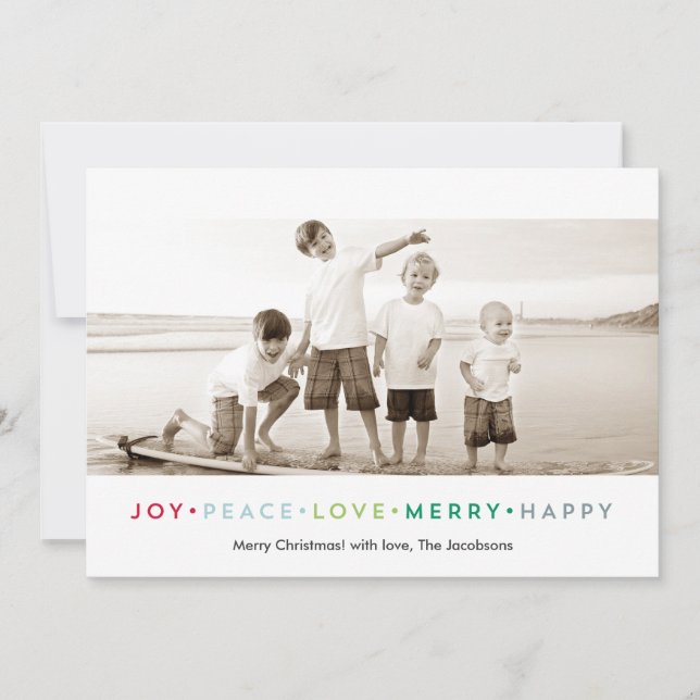 Tarjeta Festiva Joy Peace Love Merry Happy Holiday Photo Card (Anverso)