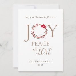Tarjeta Festiva JOY PEACE LOVE Navidades Wreath | Beige rojo