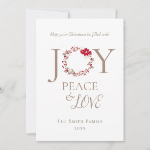 Tarjeta Festiva JOY PEACE LOVE Navidades Wreath Beige rojo