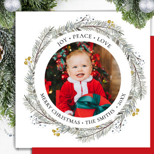 Tarjeta Festiva JOY PEACE LOVE Red Gold Berry Pine Bough Wreath