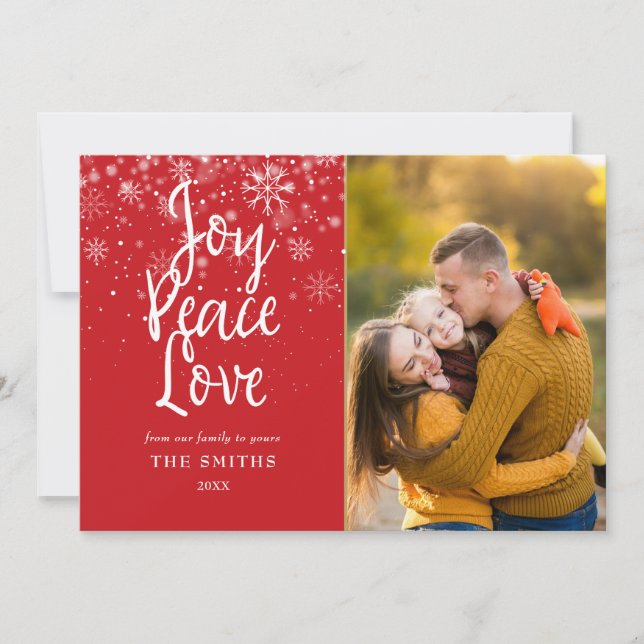 Tarjeta Festiva Joy Peace Love Script Snowflakes Navidades de foto (Anverso)
