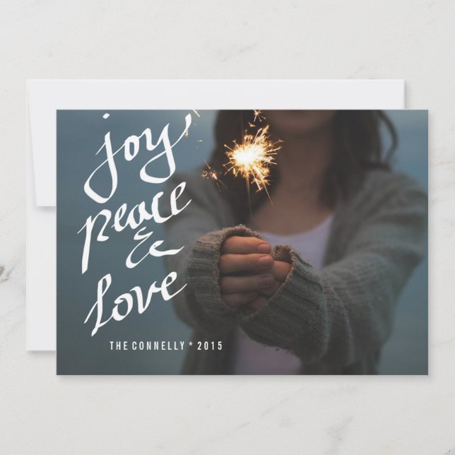 Tarjeta Festiva Joy Peace Love Script Whimy Holiday Photo (Anverso)