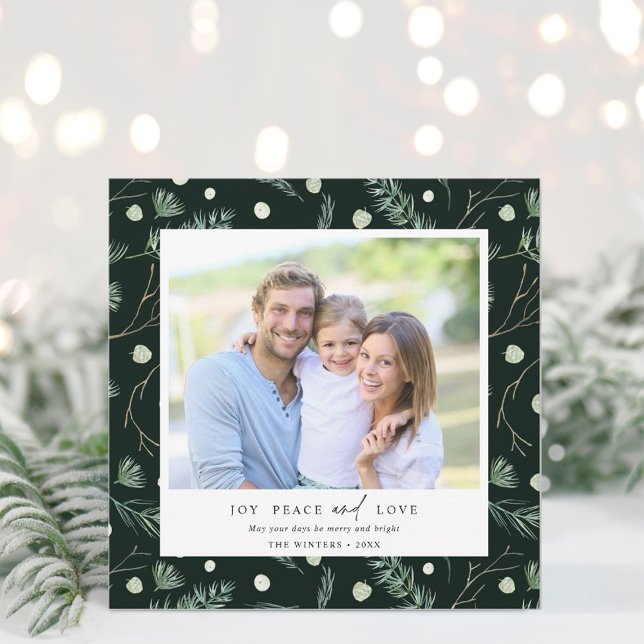 Tarjeta Festiva Joy Peace Love Winter Greenery Photo Square (Subido por el creador)