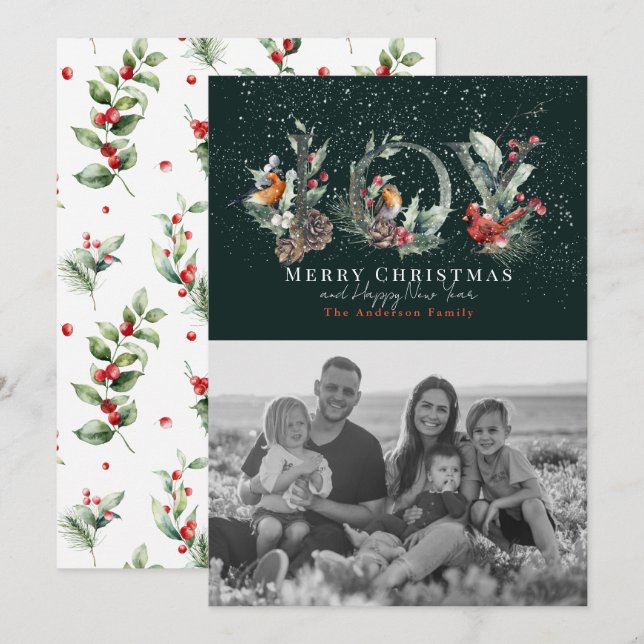 Tarjeta Festiva JOY Pine Cone Red Berry Bird Green Navidades Foto (Anverso / Reverso)