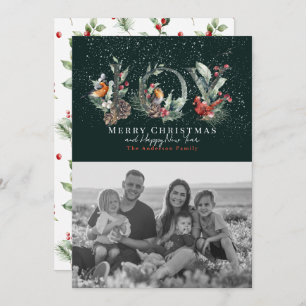 Tarjeta Festiva JOY Pine Cone Red Berry Bird Green Navidades Foto