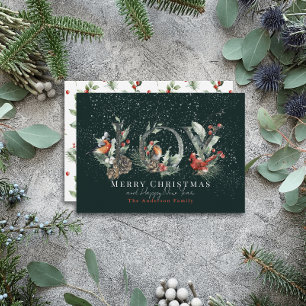 Tarjeta Festiva JOY Pine Cone Red Berry Birds Green Navidades