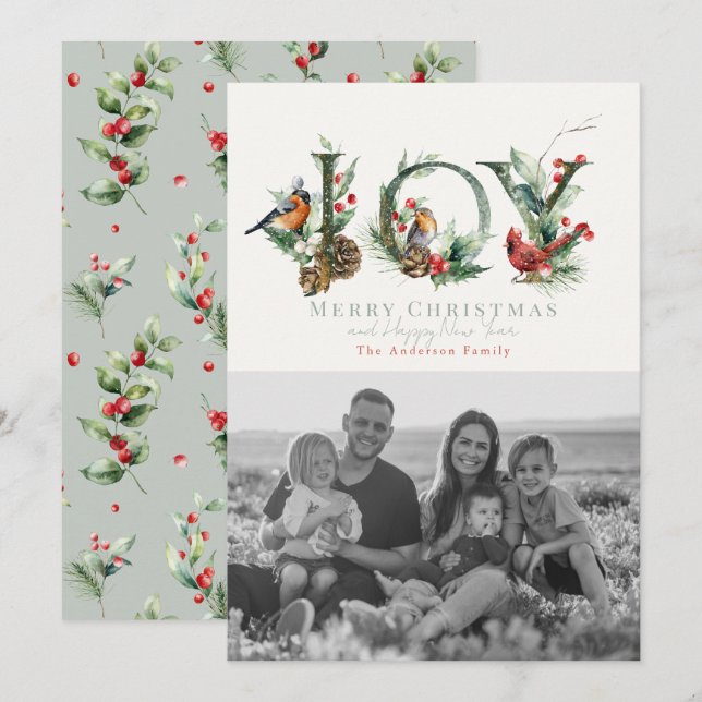 Tarjeta Festiva JOY Pine Cone Red Berry Birds Navidades Foto (Anverso / Reverso)