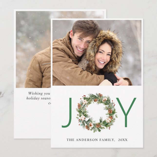 Tarjeta Festiva JOY Pine Cones Fir Wreath Navidades 2 FOTOS (Anverso / Reverso)
